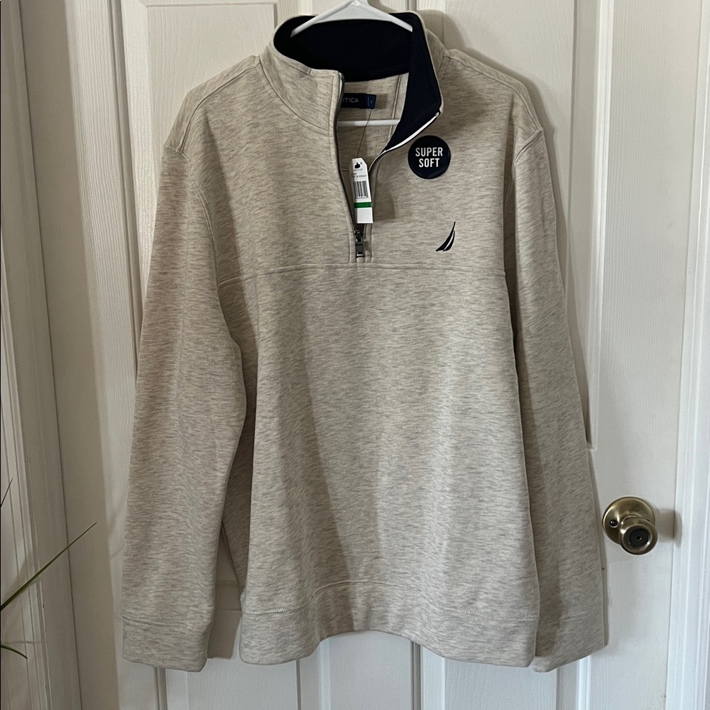 Nautica Quarter Zip NWT Large Oatmeal Heather and Navy